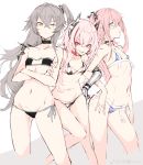  3girls absurdres bikini blue_eyes blush breasts choker contrapposto cowboy_shot crossed_arms eyebrows_visible_through_hair eyepatch_bikini fang flat_chest from_side girls_frontline gluteal_fold greyscale hair_between_eyes hand_on_another&#039;s_shoulder hand_on_hip headgear highres locked_arms long_hair looking_at_viewer m4_sopmod_ii_(girls_frontline) monochrome multicolored_hair multiple_girls navel one_eye_closed one_side_up open_mouth parted_lips pink_hair prosthesis prosthetic_arm red_eyes red_hair scar scar_across_eye shanyao_jiang_tororo side-tie_bikini sidelocks silver_hair simple_background small_breasts smile st_ar-15_(girls_frontline) string_bikini swimsuit thighs ump45_(girls_frontline) yellow_eyes 