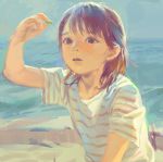  blue_sky brown_eyes brown_hair child day grey_shirt hand_up holding ocean original parted_lips sand shirt short_sleeves sky solo striped striped_shirt tunapon01 