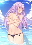  bikini bikini_top_removed black_bikini blue_sky blush breasts cloud cloudy_sky commentary_request covering covering_breasts cowboy_shot d-pad d-pad_hair_ornament day dura embarrassed hair_between_eyes hair_ornament highres hips long_hair looking_back medium_breasts navel nepgear neptune_(series) ocean open_mouth outdoors purple_eyes purple_hair sky solo swimsuit topless wading wardrobe_malfunction wet 