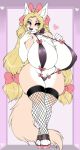  2018 anthro big_breasts bikini blonde_hair breasts canine chest_tuft clothing colored_nails digital_media_(artwork) female fishnet fishnet_legwear fluffy fox hair hair_bow hair_ribbon hi_res huge_breasts inner_ear_fluff legwear lingerie long_hair looking_at_viewer mammal niis pigtails ribbons sling_bikini solo swimsuit tuft voluptuous 