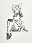  bangs blush closed_mouth commentary_request cyborg expressionless full_body greyscale highres mashimashi monochrome original short_hair sitting solo traditional_media 
