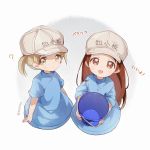  :d ? blue_shirt blush brown_eyes brown_hair bucket captain_yue character_name closed_mouth clothes_writing flat_cap gradient gradient_background grey_background grey_hat hat hataraku_saibou holding holding_bucket long_hair looking_at_viewer multiple_girls open_mouth partially_translated platelet_(hataraku_saibou) shirt short_sleeves smile translation_request twintails twitter_username very_long_hair white_background 