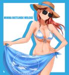  bikini blush breasts groin hat highres hiroshi_(hunter-of-kct) large_breasts long_hair minna-dietlinde_wilcke navel open_mouth red_eyes red_hair simple_background solo straw_hat strike_witches sunglasses swimsuit swimwear white_background white_bikini world_witches_series 