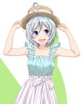  :d absurdres alternate_costume antenna_hair armpits arms_up bare_arms bare_shoulders blue_eyes blush casual collarbone commentary_request dennou_shoujo_youtuber_shiro fedora fuusuke_(fusuke208) hands_on_headwear hat high-waist_skirt highres looking_at_viewer open_mouth ribbon shiny shiny_hair shiro_(dennou_shoujo_youtuber_shiro) short_hair skirt sleeveless smile solo two-tone_background upper_body upper_teeth virtual_youtuber white_hair white_ribbon white_skirt 