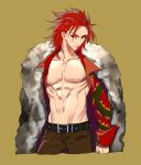  absurdres belt black_eyes brown_pants chest closed_mouth coat commentary_request cropped_legs fate/grand_order fate_(series) grey_coat highres li_shuwen_(fate/grand_order) long_hair looking_at_viewer male_focus nipples open_clothes open_shirt pants red_hair red_shirt shirt simple_background solo standing tenobe yellow_background 