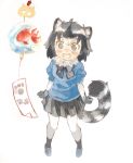  animal_ears arms_at_sides blush bow bowtie commentary_request common_raccoon_(kemono_friends) elbow_gloves eyebrows_visible_through_hair fang fish from_above fur_collar gloves goldfish japari_symbol kemono_friends konabetate nose_blush open_mouth pantyhose paw_print pleated_skirt puffy_sleeves raccoon_ears raccoon_tail skirt solo tail wide-eyed 