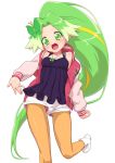 :d ankle_boots bangs black_shirt boots butterfly_hair_ornament camisole clenched_hand commentary eyebrows_visible_through_hair green_eyes green_hair hair_ornament head_tilt jacket jewelpet_(series) jewelpet_sunshine jewelry letterman_jacket long_hair looking_at_viewer multicolored_hair multiple_tails necklace off_shoulder open_clothes open_jacket open_mouth orange_legwear pantyhose parted_bangs peridot_(jewelpet) peridot_(stone) pink_jacket senzoc shirt short_shorts shorts simple_background smile solo standing streaked_hair tail very_long_hair white_background white_footwear white_shorts 