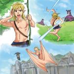  belt blonde_hair chest commentary_request dodging fantasy gliding grass guardian_(breath_of_the_wild) jungle_no_ouja_tar-chan link long_hair monbetsu_kuniharu multiple_boys parody plant pointy_ears ponytail scar scrotum_pull shirtless short_hair stretched_limb testicles the_legend_of_zelda the_legend_of_zelda:_breath_of_the_wild vines weapon what 