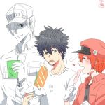  2boys ^_^ ae-3803 ahoge black_eyes black_hair cabbie_hat cancer_cell_(hataraku_saibou) closed_eyes collared_shirt common_cell_(hataraku_saibou) daifuku_(mamamaran) food green_tea hair_over_one_eye hat hataraku_saibou heart highres looking_at_another multiple_boys popsicle red_blood_cell_(hataraku_saibou) red_hair red_hat shirt smile submarine_sandwich t-shirt tea u-1146 uniform white_blood_cell_(hataraku_saibou) white_hair white_hat white_shirt white_skin 