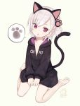  :&lt; :o animal_ears artist_name barefoot black_hoodie capriccio cat_ears cat_tail character_name chestnut_mouth commentary_request dated fake_animal_ears feet full_body highres hood hood_down hoodie kaburi_chiko long_sleeves looking_at_viewer naked_hoodie one_side_up original pale_skin partially_unzipped paw_hair_ornament paw_print pink_eyes short_hair signature simple_background sitting solo speech_bubble spoken_paw_print tail tail_raised wariza white_hair 
