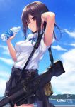  arm_up armpit_peek arms_note bangs bionic_joshikousei_(fukai_ryousuke) blush bottle breasts brown_eyes brown_hair cloud commentary_request copyright_name day dress_shirt fukai_ryousuke grin gun hair_between_eyes hand_on_own_head holding holding_bottle looking_at_viewer medium_breasts ocean outdoors shirt short_sleeves sidelocks signature skirt sky smile solo standing water_bottle weapon white_shirt 
