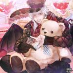  ;) bat_wings black_gloves gloves hat heart indoors kerberos_blade male_focus official_art one_eye_closed otani_(gloria) parted_lips purple_eyes purple_hat sitting smile stuffed_animal stuffed_toy teddy_bear watermark white_hair wings 