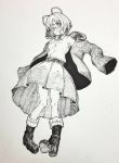  bangs blush boots character_request closed_mouth coat collared_shirt copyright_request full_body glasses greyscale highres looking_at_viewer mashimashi monochrome pleated_skirt shirt short_hair skirt solo standing traditional_media 