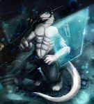  2015 abs anthro biceps big_muscles black_fur blue_eyes clothed clothing discordnight fd-caro fur hi_res male mammal muscular open_mouth pants pecs science_fiction sea sergal solo topless visor water white_fur 
