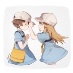  :o adjusting_another's_clothes adjusting_headwear bag bangs blue_shirt blush captain_yue character_name clothes_writing eyebrows_visible_through_hair facing_another flat_cap gradient gradient_background grey_background grey_hat hat hataraku_saibou headwear_writing light_brown_hair long_hair looking_at_another multiple_girls open_mouth platelet_(hataraku_saibou) profile shirt short_hair short_shorts short_sleeves shorts shoulder_bag twitter_username very_long_hair white_background white_shorts 