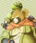 2018 anthro belly brown_fur canine clothing duo fur gyobu jinku_56 leaf male mammal overweight overweight_male robe scar tanuki tokyo_afterschool_summoners young 