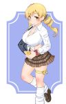  alternate_costume bag blonde_hair breasts cellphone cleavage commentary_request drill_hair flower gyaru hair_flower hair_ornament kogaku_kazuya kogal large_breasts mahou_shoujo_madoka_magica phone school_uniform socks solo thigh_strap tomoe_mami white_legwear yellow_eyes 