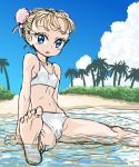  beach blonde_hair blue_eyes bun_cover chrono_cross cloud commentary_request day double_bun looking_at_viewer marcy_(chrono_cross) ocean outdoors partially_submerged s-a-murai short_hair sketch sky solo swimsuit tree water 