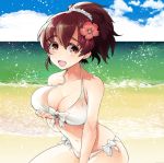  bangs beach bikini breast_hold breasts brown_eyes brown_hair cleavage cloud cloudy_sky commentary_request day droplet eyebrows_visible_through_hair front-tie_bikini front-tie_top girls_und_panzer hair_ornament hair_ribbon hair_scrunchie koyama_yuzu large_breasts looking_at_viewer nakasone_haiji open_mouth outdoors ribbon scrunchie short_hair short_ponytail side-tie_bikini sitting sky smile solo swimsuit wet white_scrunchie 
