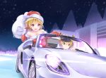  :d absurdres antlers bangs bare_shoulders blonde_hair blush breasts car cityscape closed_mouth collarbone commentary_request dress driving elbow_gloves eyebrows_visible_through_hair fur-trimmed_dress fur-trimmed_gloves fur-trimmed_hat fur_trim gloves green_eyes ground_vehicle hair_between_eyes hand_up hat highres holding holding_sack medium_breasts merry_christmas motor_vehicle multiple_girls night night_sky open_mouth original outdoors porsche_boxster purple_eyes red_dress red_gloves red_hat sack sagaradai santa_costume santa_gloves santa_hat sky smile snowing star_(sky) starry_sky strapless strapless_dress strapless_santa_dress 