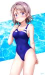  :o absurdres arm_behind_back arm_up bare_shoulders blue_eyes blush breasts ckst cleavage commentary_request competition_swimsuit covered_navel eyebrows_visible_through_hair highres love_live! love_live!_sunshine!! one-piece_swimsuit short_hair simple_background standing swimsuit watanabe_you water 