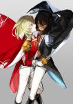  andou_(girls_und_panzer) andre_grandier andre_grandier_(cosplay) bangs black_cape black_hair black_jacket blonde_hair blue_eyes brown_eyes cape coattails cosplay dark_skin epaulettes flower girls_und_panzer gloves grey_background highres holding holding_sword holding_weapon hug itou_(golem_inc) jacket long_sleeves looking_at_another medium_hair messy_hair multiple_girls open_mouth oscar_francois_de_jarjayes oscar_francois_de_jarjayes_(cosplay) oshida_(girls_und_panzer) pants red_cape red_jacket rose saber_(weapon) sash simple_background smile straddling sword versailles_no_bara weapon white_flower white_gloves white_pants white_rose wind yuri 