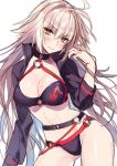  ahoge bikini black_bikini black_jacket breasts choker cleavage closed_mouth commentary_request cowboy_shot eyebrows_visible_through_hair fate/grand_order fate_(series) hair_between_eyes jacket jeanne_d'arc_(alter_swimsuit_berserker) jeanne_d'arc_(fate)_(all) large_breasts long_hair looking_at_viewer o-ring shrug_(clothing) solo swimsuit thigh_strap user_fvsd2278 white_background yellow_eyes 