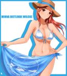  bikini blush breasts groin hat highres hiroshi_(hunter-of-kct) large_breasts long_hair minna-dietlinde_wilcke navel open_mouth red_eyes red_hair simple_background solo straw_hat strike_witches swimsuit swimwear white_background white_bikini world_witches_series 