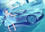  aston_martin_db11 bangs bare_arms bare_shoulders barefoot blue blue_dress blue_hair breasts brick_wall car closed_mouth commentary_request dress dutch_angle eyebrows_visible_through_hair green_eyes ground_vehicle highres indoors long_hair medium_breasts motor_vehicle original pigeon-toed plant potted_plant reflective_floor sagaradai sleeveless sleeveless_dress smile solo standing 