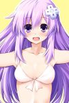  bikini blush commentary_request d-pad d-pad_hair_ornament hair_ornament iwasi-r long_hair looking_at_viewer nepgear neptune_(series) open_mouth purple_eyes purple_hair sidelocks smile solo swimsuit upper_body 