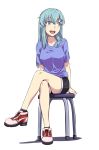  :d alternate_costume aqua_hair arms_at_sides bangs black_legwear black_shorts blue_eyes blue_shirt blush breasts commentary_request crossed_legs eyebrows_visible_through_hair full_body hair_between_eyes hair_ornament hairclip ishii_hisao kantai_collection long_hair looking_away looking_to_the_side medium_breasts open_mouth red_footwear round_teeth shirt shoe_ribbon shoes short_sleeves shorts simple_background smile socks solo stool straight_hair suzuya_(kantai_collection) teeth upper_teeth v-neck white_background 