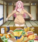  arahabaki_nonko beer_can bra breasts can chips cleavage closed_eyes food glasses highres indoors long_hair pink_hair potato_chips screencap snack solo stitched third-party_edit translation_request underwear yuragisou_no_yuuna-san 