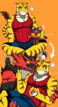  &lt;3 5_fingers anthro bearlovestiger13 blush claws clothed clothing duo fangs fully_clothed incineroar litten male morenatsu muscular muscular_male nintendo pecs pok&eacute;mon pok&eacute;mon_(species) shorts video_games 