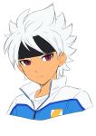  closed_mouth commentary_request grey_hair headband highres ibuki_munemasa inazuma_eleven_(series) inazuma_eleven_go_galaxy looking_at_viewer male_focus red_eyes sekina simple_background slit_pupils solo upper_body white_background 