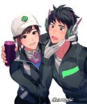  1girl alternate_hairstyle arm_around_shoulder artist_name bangs baseball_cap black_eyes black_hair black_jacket blue_bodysuit blush bodysuit bodysuit_under_clothes brown_eyes brown_hair can collarbone commentary_request d.va_(overwatch) dae-hyun_(overwatch) embarrassed emblem eyebrows_visible_through_hair gearous gloves grey_jacket grin hair_bun hair_up hand_on_another's_chin hat headphones holding holding_can jacket korean_commentary long_sleeves looking_at_another looking_at_viewer multicolored multicolored_clothes open_mouth overwatch parted_lips pocket ribbed_bodysuit shirt shooting_star_d.va sidelocks signature simple_background smile standing surprised track_jacket turtleneck upper_body white_background white_gloves white_hat white_shirt wide-eyed wing_collar zipper 