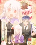  2boys :d apron archer ascot black_neckwear black_vest blue_hair blush closed_eyes collared_dress collared_shirt commentary_request day dress earrings emiya-san_chi_no_kyou_no_gohan fate/stay_night fate_(series) food fruit grin happy highres illyasviel_von_einzbern indoors inset jewelry lancer leaning_forward long_hair multiple_boys necktie open_mouth pink_neckwear ponytail purple_dress red_eyes shirt smile strawberry takashi_(onikukku) vest white_hair white_shirt window wing_collar 