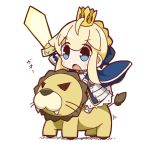  ahoge armor artoria_pendragon_(all) blonde_hair blue_eyes bow braid chibi crown eyebrows_visible_through_hair eyes_visible_through_hair fangs fate/grand_order fate_(series) gao gauntlets hair_between_eyes hair_bow highres lion nuu_(nu-nyu) open_mouth riding saber solo sword weapon 