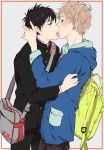  2boys backpack bag blonde_hair blush clothed clothes dark_hair earring earrings hood hoodie jewelry light_hair male male_focus multiple_boys original piercing school_uniform tagme uniform yaoi 