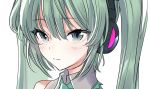  bare_shoulders closed_mouth collared_shirt commentary_request green_eyes green_hair green_neckwear grey_shirt hatsune_miku headphones maruchi necktie portrait shirt smile solo twintails vocaloid wing_collar 