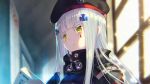  assault_rifle bangs beret black_hat black_jacket blunt_bangs blurry blurry_background commentary_request day depth_of_field eyebrows_visible_through_hair facial_mark girls_frontline gun hair_ornament hat heckler_&amp;_koch high_collar hk416 hk416_(girls_frontline) indoors jacket kaina_(tsubasakuronikuru) long_hair looking_away parted_lips rifle silver_hair solo sunlight v-shaped_eyebrows weapon window yellow_eyes 