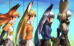  animal_ear_fluff animal_ears bat-eared_fox_(kemono_friends) black_gloves black_hair black_skirt blonde_hair blue_jacket blush bow bowtie commentary_request elbow_gloves extra_ears eyebrows_visible_through_hair ezo_red_fox_(kemono_friends) fox_ears fox_girl fox_tail fur_trim gloves grey_hair grey_skirt jacket kemono_friends long_hair long_sleeves multicolored_hair multiple_girls necktie orange_hair orange_jacket pleated_skirt profile red_fox_(kemono_friends) red_hair scarf short_hair short_sleeves sidelocks signature silver_fox_(kemono_friends) silver_hair skirt tail trait_connection very_long_hair welt_(kinsei_koutenkyoku) white_jacket white_skirt 