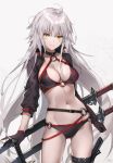  ahoge bangs bikini black_bikini black_choker black_gloves black_jacket breasts brown_eyes choker cleavage collarbone commentary_request eyebrows_visible_through_hair fate/grand_order fate_(series) gloves grey_background hair_between_eyes head_tilt jacket jeanne_d'arc_(alter_swimsuit_berserker) jeanne_d'arc_(fate)_(all) katana long_hair long_sleeves looking_at_viewer medium_breasts o-ring o-ring_bikini o-ring_bottom o-ring_top parted_lips sheath sheathed shrug_(clothing) silver_hair smile solo swimsuit sword very_long_hair weapon yumaomi 