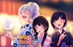  :d ^_^ animal_print bangs black_hair black_kimono blurry blurry_background blush braid brown_eyes bunny_print closed_eyes commentary_request cotton_candy depth_of_field eyebrows_visible_through_hair floral_print food fuji_fujino hair_between_eyes hair_ornament hairclip high_ponytail higuchi_kaede holding holding_food japanese_clothes kimono long_hair long_sleeves looking_at_viewer low_twintails multiple_girls night nijisanji obi open_mouth outdoors pink_kimono ponytail print_kimono purple_eyes sash shaved_ice shizuka_rin silver_hair smile summer_festival tsukino_mito twin_braids twintails virtual_youtuber water_yoyo white_kimono wide_sleeves 