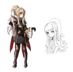  armor athenawyrm cape crown fire_emblem fire_emblem_heroes gloves grey_hair hair_ornament long_hair looking_at_viewer open_mouth ponytail red_eyes simple_background smile solo veronica_(fire_emblem) 