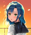  blue_hair blush floating_hair from_behind green_eyes highres idolmaster idolmaster_million_live! idolmaster_million_live!_theater_days looking_at_viewer looking_back nanao_yuriko open_mouth rooftop school_uniform serafuku shiny shiny_hair shirt solo twilight upper_body white_shirt yuzuyu_(hyui) 