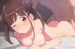  1girl ass bed_sheet blush breasts brown_hair closed_mouth collarbone double_bun enamasa eyebrows_visible_through_hair hetero idolmaster idolmaster_shiny_colors lying medium_breasts motion_lines nipples nude on_stomach one_eye_closed prone_bone red_eyes sex short_hair solo_focus sonoda_chiyoko sweat twintails 