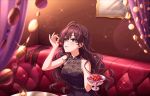  :3 ahoge artist_request bangs bare_shoulders black_dress blue_eyes breasts brown_hair candle cherry collarbone couch crazy_crazy_(idolmaster) dress earrings elbow_gloves eyebrows_visible_through_hair food fruit gloves gloves_removed ichinose_shiki idolmaster idolmaster_cinderella_girls idolmaster_cinderella_girls_starlight_stage jewelry lace long_hair looking_at_viewer makeup medium_breasts official_art silver_trim sitting sleeveless sleeveless_dress smile solo table wavy_hair 