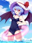  artist_name bat_wings blue_hair blue_sky blue_swimsuit blush breasts cloud collarbone covered_navel day eyebrows_visible_through_hair fang hat highres looking_at_viewer one-piece_swimsuit open_mouth outdoors red_eyes remilia_scarlet short_hair sky small_breasts smile snozaki solo standing swimsuit touhou wading water white_hat wings 