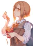  bag bow bowtie brown_eyes brown_hair brown_vest collared_shirt commentary_request eating food food_on_face french_fries from_side highres holding izumi_sai looking_at_viewer orange_neckwear original parted_lips school_bag shirt short_sleeves shoulder_bag simple_background solo upper_body vest white_background white_shirt wing_collar 