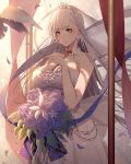  absurdres alternate_costume azur_lane bangs bare_shoulders belfast_(azur_lane) bird blue_eyes blush bouquet braid breasts bridal_veil bride chain choker cleavage closed_mouth collar collarbone commentary_request dress evening eyebrows_visible_through_hair floating_hair flower french_braid hand_up highres holding holding_bouquet kisui_(user_wswf3235) large_breasts light_particles long_hair looking_at_viewer outdoors petals silver_hair sky smile solo veil wedding_dress white_dress wind wind_lift 